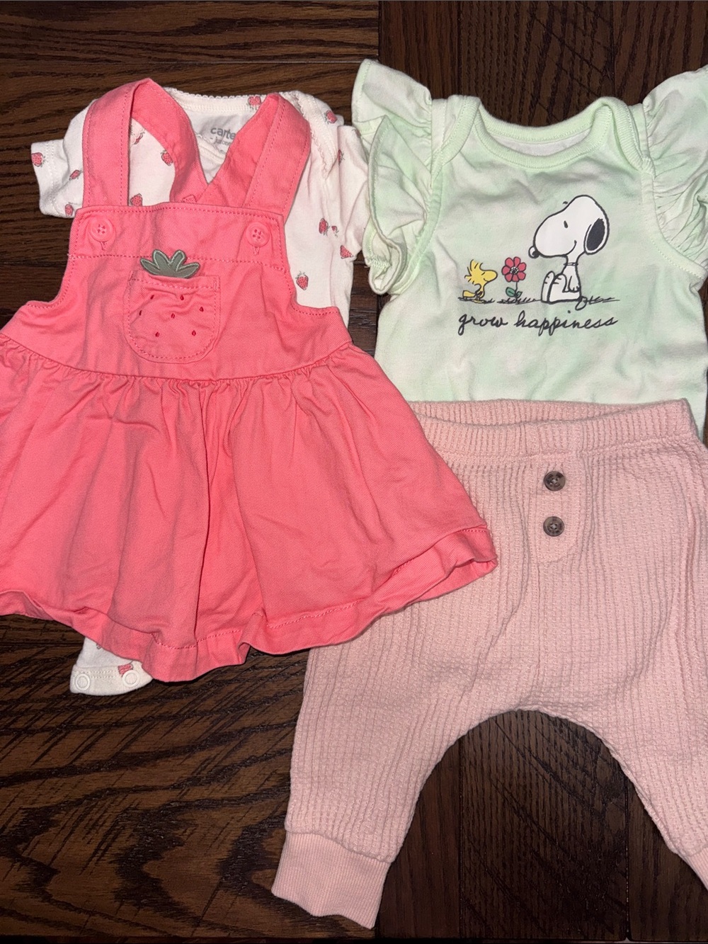 🍓Set of Two 3M Baby Girl Outfits. Carter’s Strawberry Overalls, Snoopy Outfit 🍓
